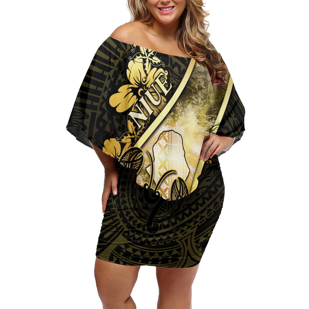 Personalised Niue Off Shoulder Short Dress Niuean Crab Waves Style DT05 Women Gold - Polynesian Pride