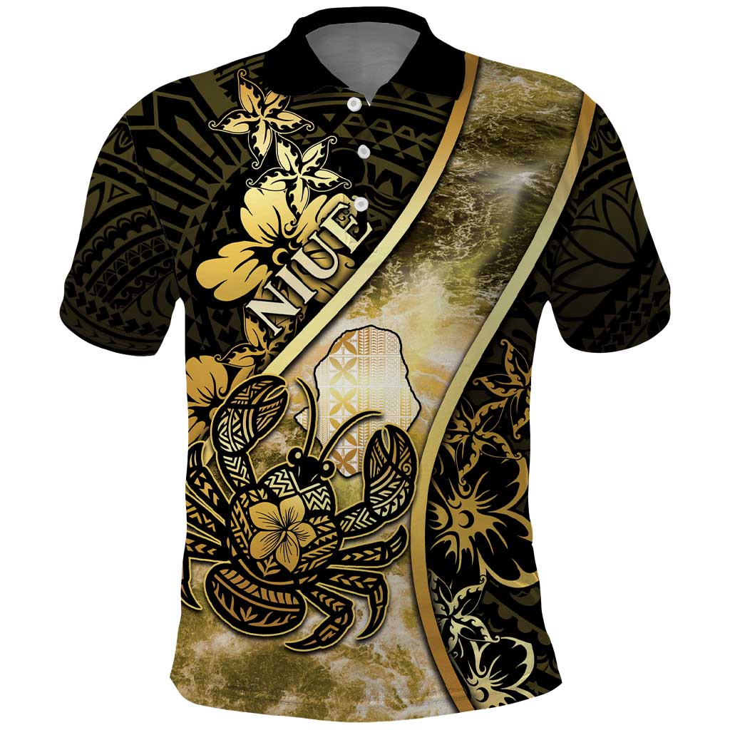 Personalised Niue Polo Shirt Niuean Crab Waves Style DT05 Gold - Polynesian Pride