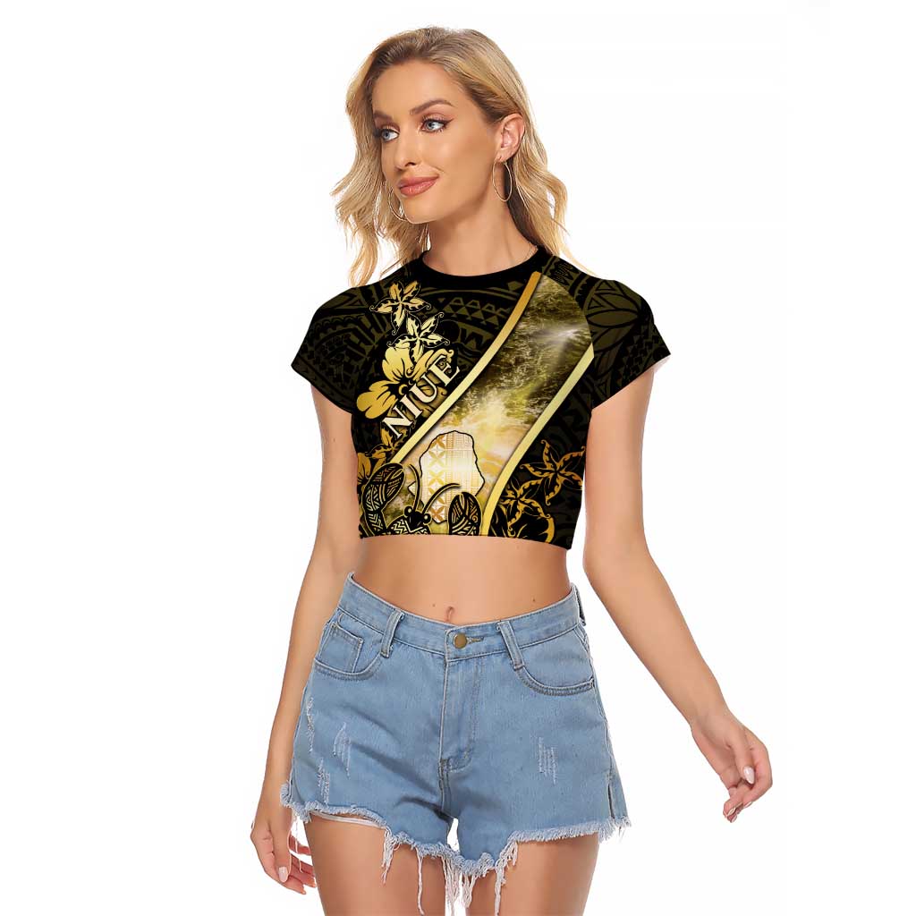 Personalised Niue Raglan Cropped T Shirt Niuean Crab Waves Style DT05 Female Gold - Polynesian Pride