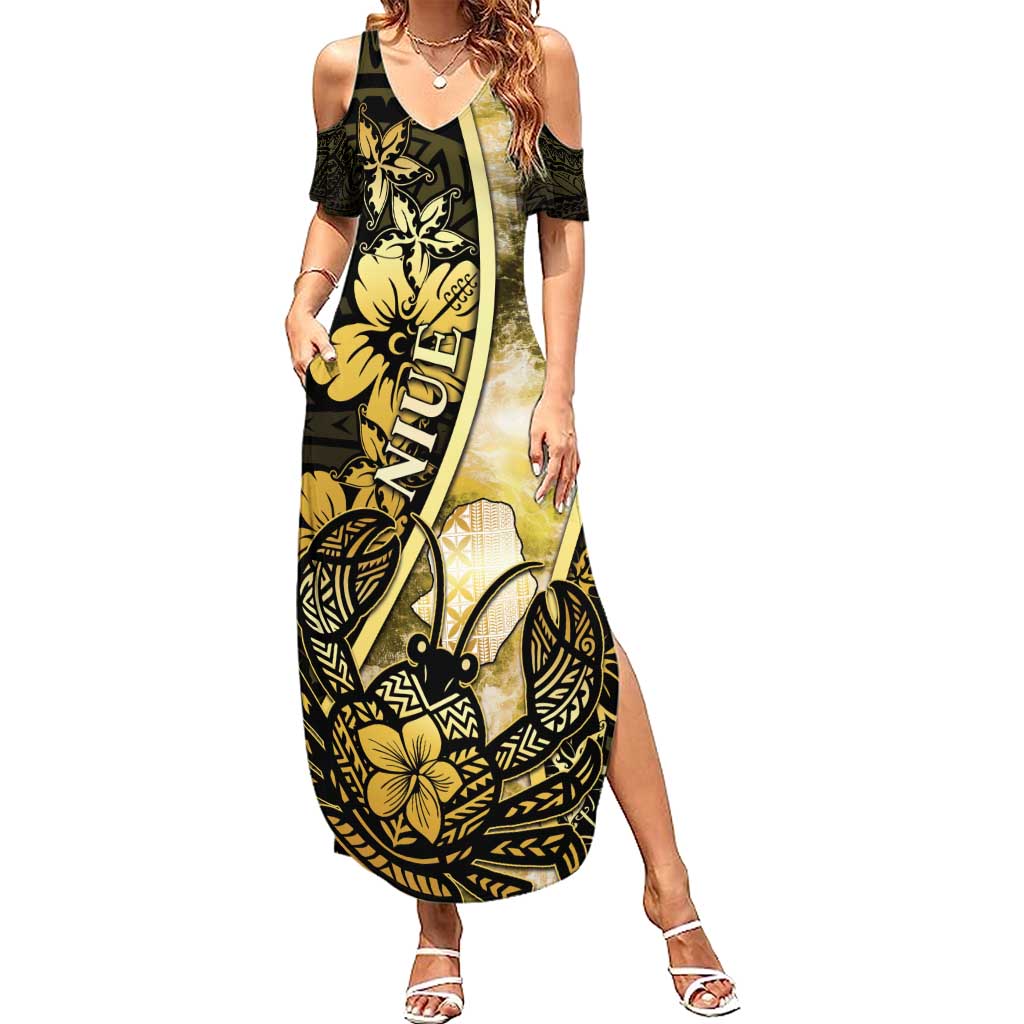 Personalised Niue Summer Maxi Dress Niuean Crab Waves Style DT05 Women Gold - Polynesian Pride