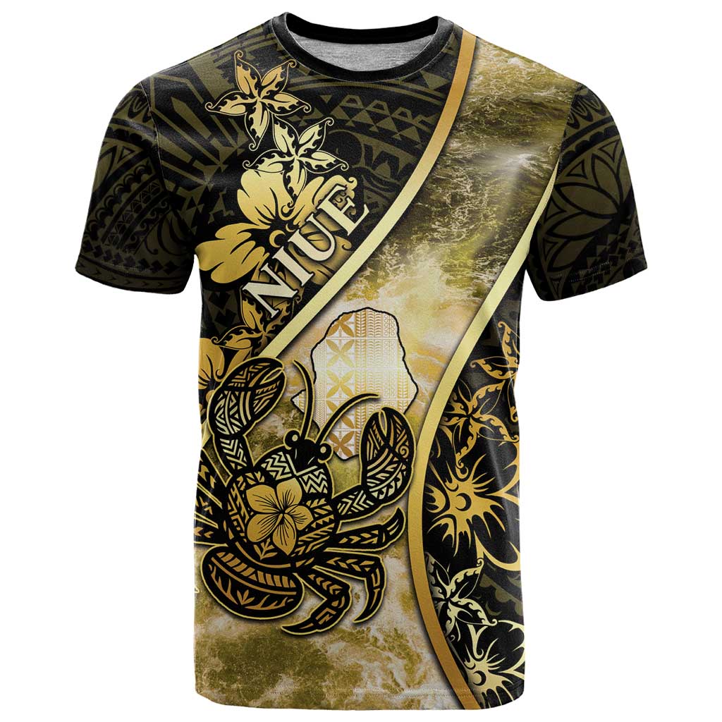 Personalised Niue T Shirt Niuean Crab Waves Style DT05 Gold - Polynesian Pride