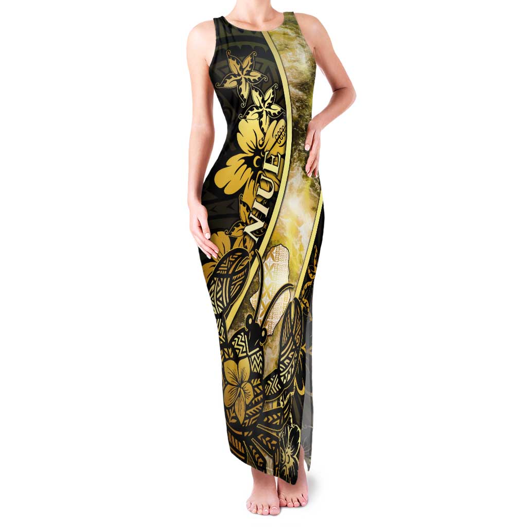 Personalised Niue Tank Maxi Dress Niuean Crab Waves Style DT05 Women Gold - Polynesian Pride