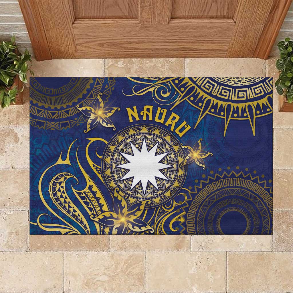 Nauru Rubber Doormat Hibiscus Polynesian Tribal Pattern DT05 Navy - Polynesian Pride