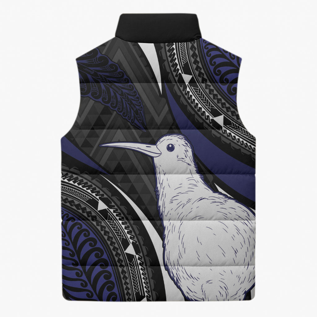 Personalised New Zealand Kiwi Sleeveless Puffer Jacket Silver Fern Tribal Pattern DT05 - Polynesian Pride