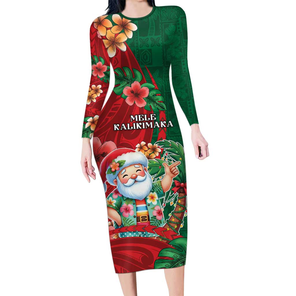 Hawaii Christmas Long Sleeve Bodycon Dress Mele Kalikimaka Funny Hawaiian Santa DT05 Long Dress Green - Polynesian Pride