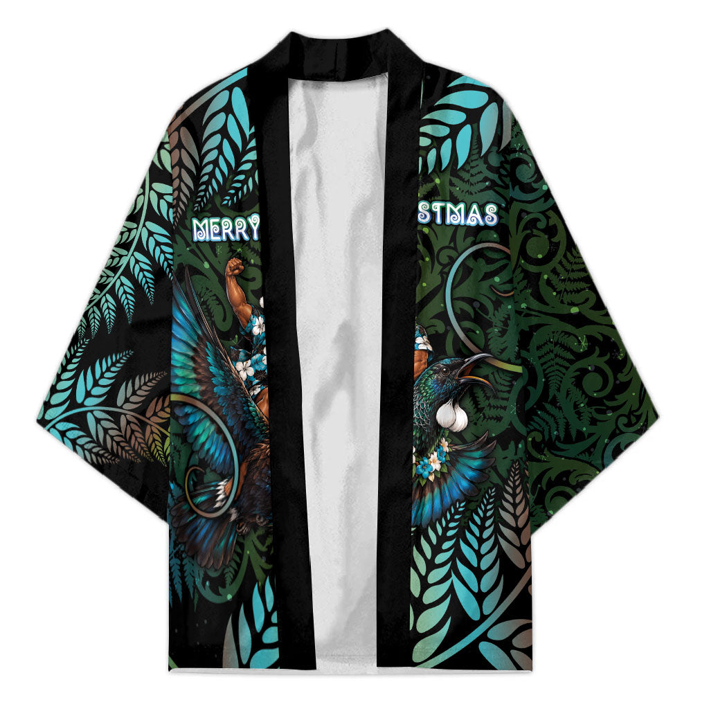 New Zealand Christmas Kimono Santa Riding Tui Bird Silver Fern DT05 Unisex Teal - Polynesian Pride