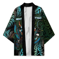 New Zealand Christmas Kimono Santa Riding Tui Bird Silver Fern DT05 Unisex Teal - Polynesian Pride