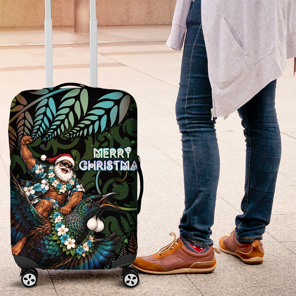 New Zealand Christmas Luggage Cover Santa Riding Tui Bird Silver Fern DT05 Teal - Polynesian Pride