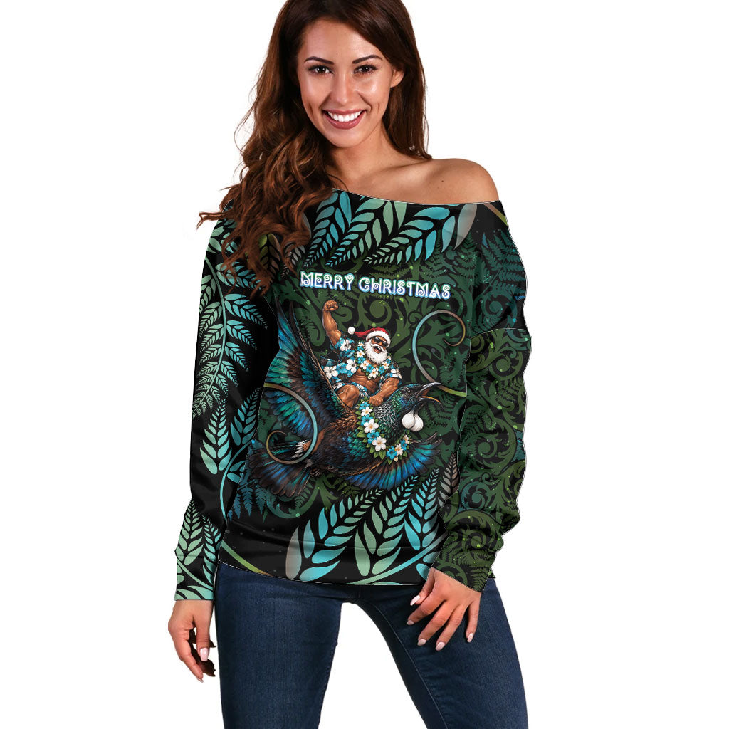 New Zealand Christmas Off Shoulder Sweater Santa Riding Tui Bird Silver Fern DT05 Women Teal - Polynesian Pride