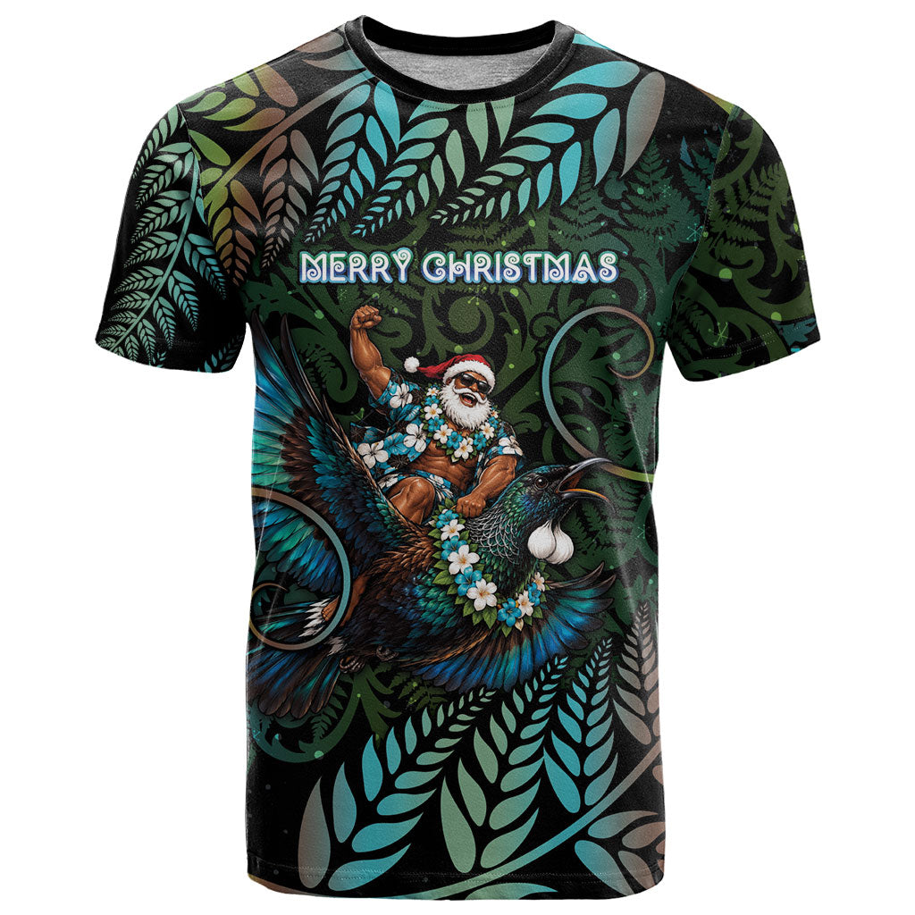 New Zealand Christmas T Shirt Santa Riding Tui Bird Silver Fern