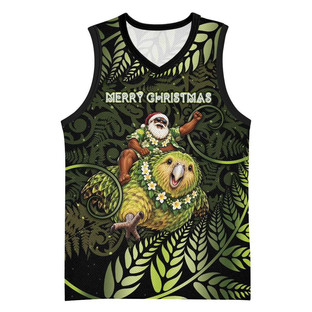 New Zealand Christmas Basketball Jersey Santa Riding Kakapo Bird Silver Fern DT05 Unisex Green - Polynesian Pride