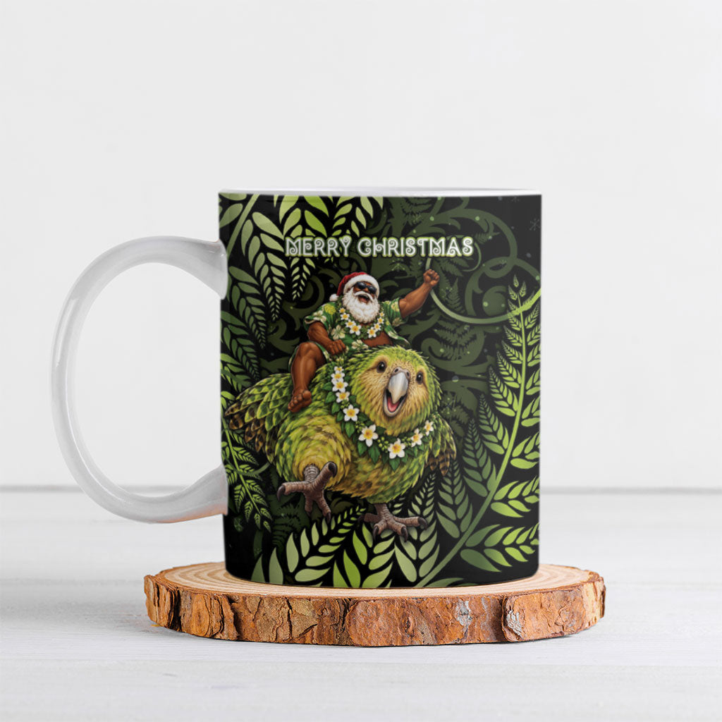New Zealand Christmas Ceramic Mug Santa Riding Kakapo Bird Silver Fern DT05 Green - Polynesian Pride