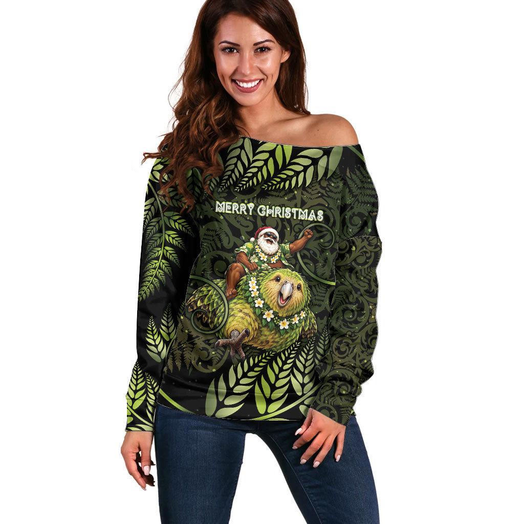 New Zealand Christmas Off Shoulder Sweater Santa Riding Kakapo Bird Silver Fern DT05 Women Green - Polynesian Pride