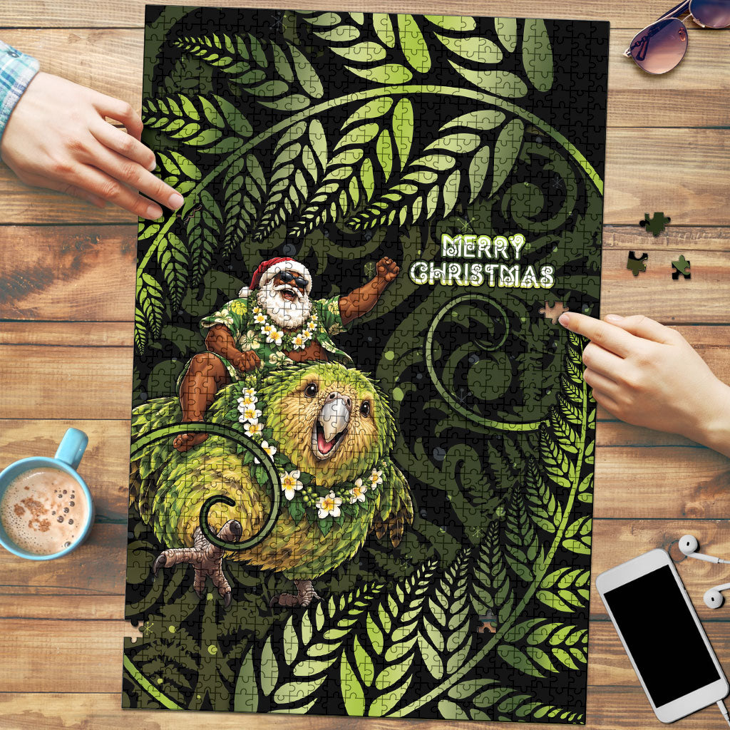 New Zealand Christmas Puzzle Santa Riding Kakapo Bird Silver Fern DT05 Green - Polynesian Pride