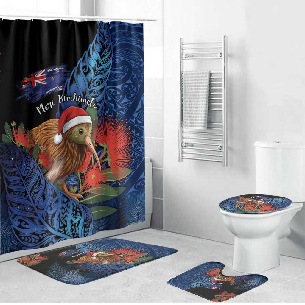 New Zealand Christmas Bathroom Set Santa Kiwi Bird With Pohutukawa Flowers DT05 Bathroom Set (4 pcs) Navy - Polynesian Pride