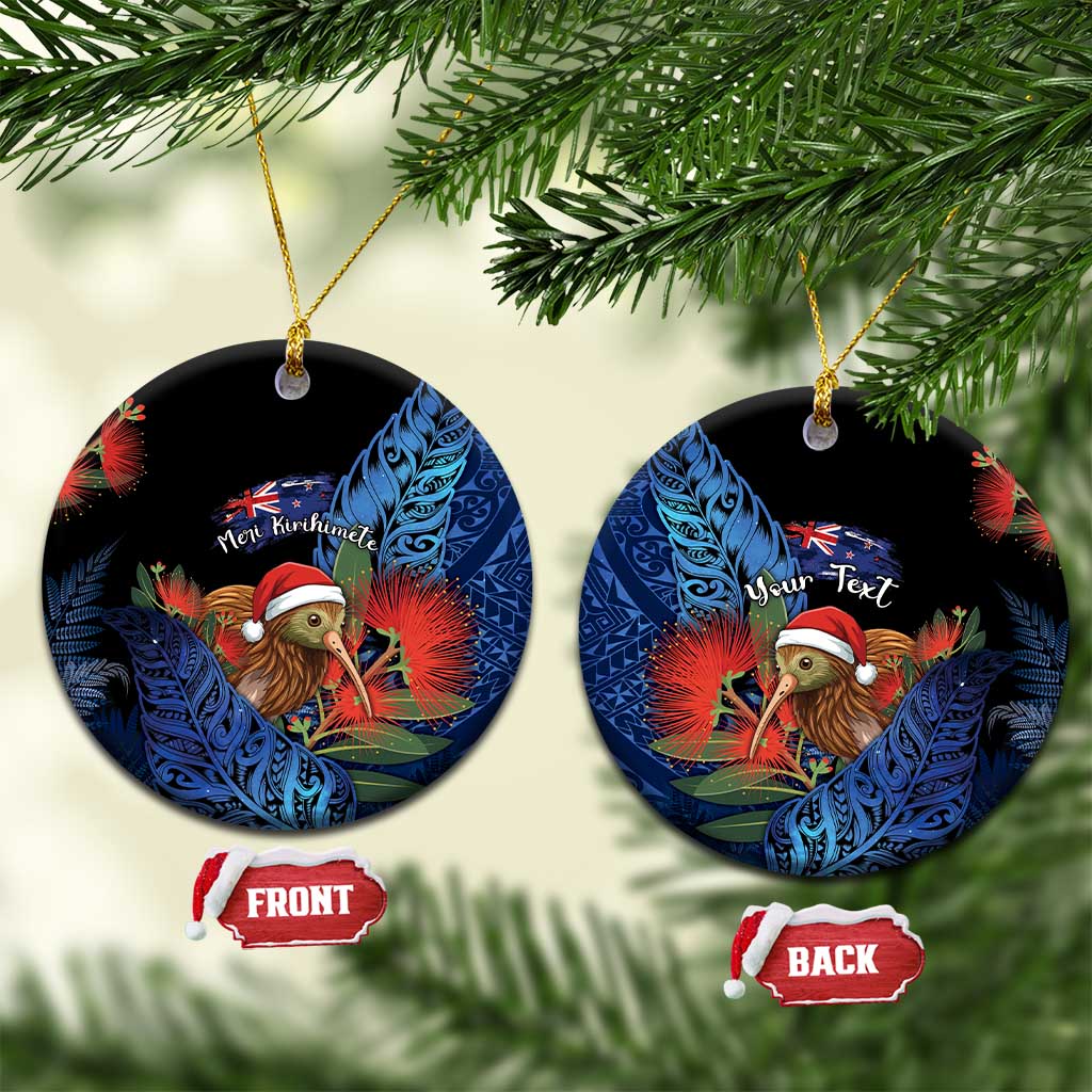 Personalised New Zealand Christmas Ceramic Ornament Santa Kiwi Bird With Pohutukawa Flowers DT05 Circle Navy - Polynesian Pride