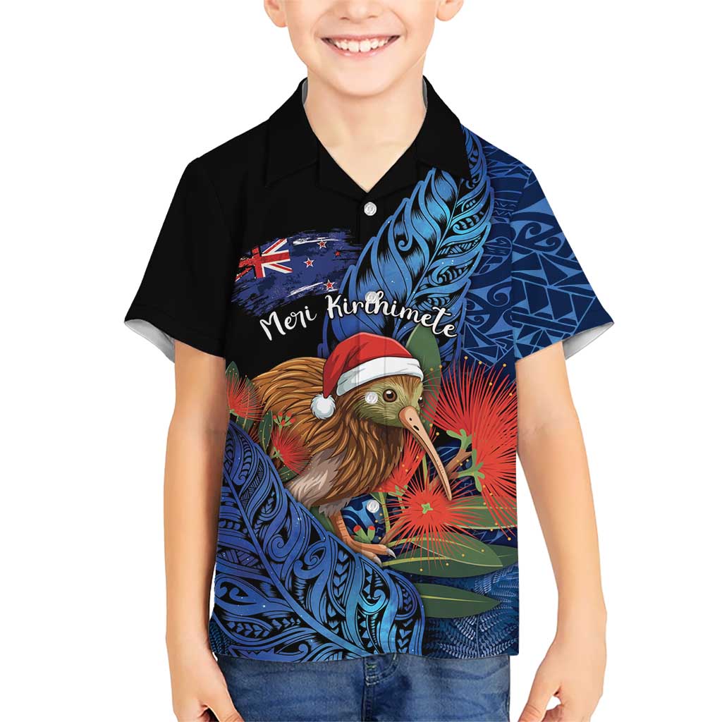 Personalised New Zealand Christmas Kid Hawaiian Shirt Santa Kiwi Bird With Pohutukawa Flowers DT05 Kid Navy - Polynesian Pride