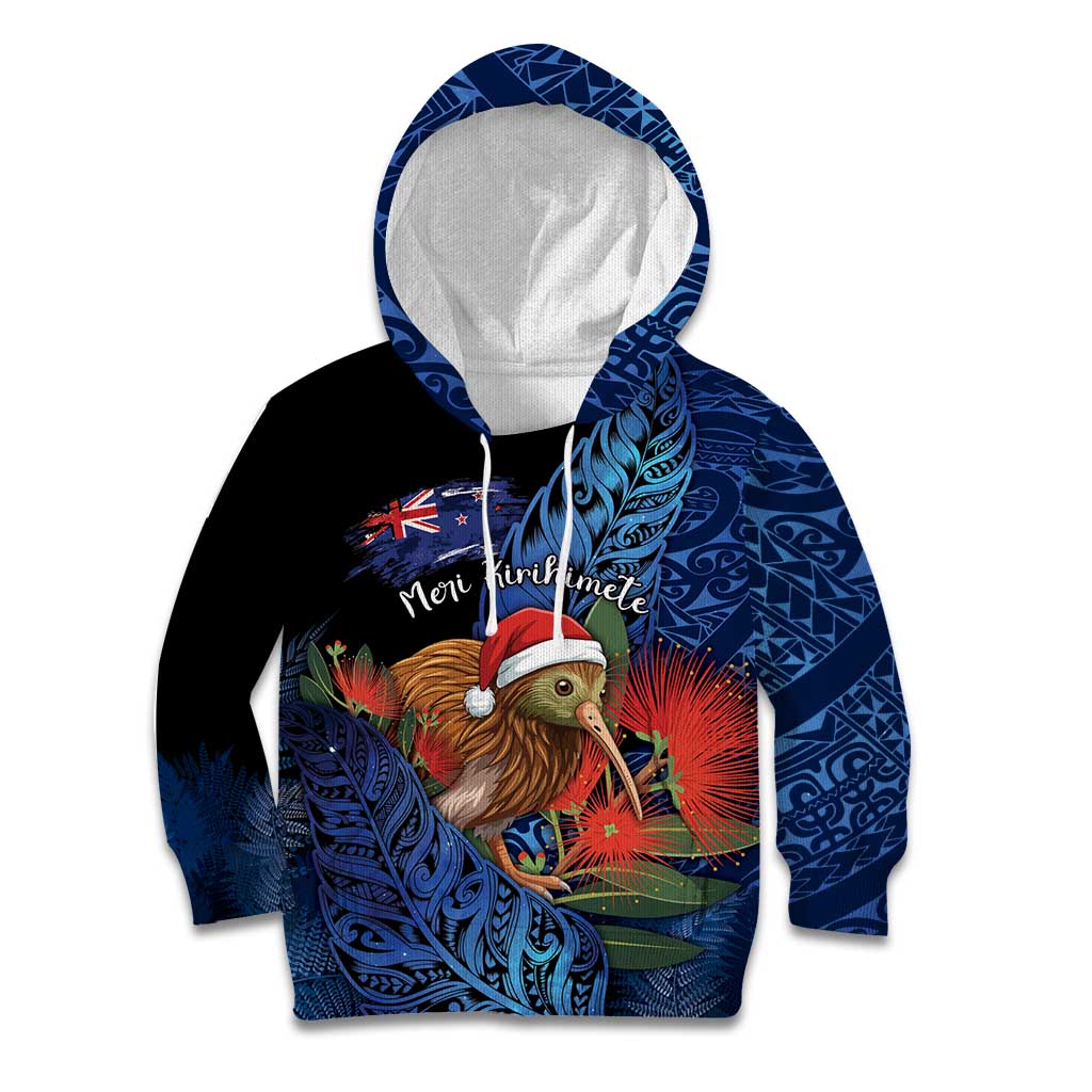 Personalised New Zealand Christmas Kid Hoodie Santa Kiwi Bird With Pohutukawa Flowers DT05 Hoodie Navy - Polynesian Pride