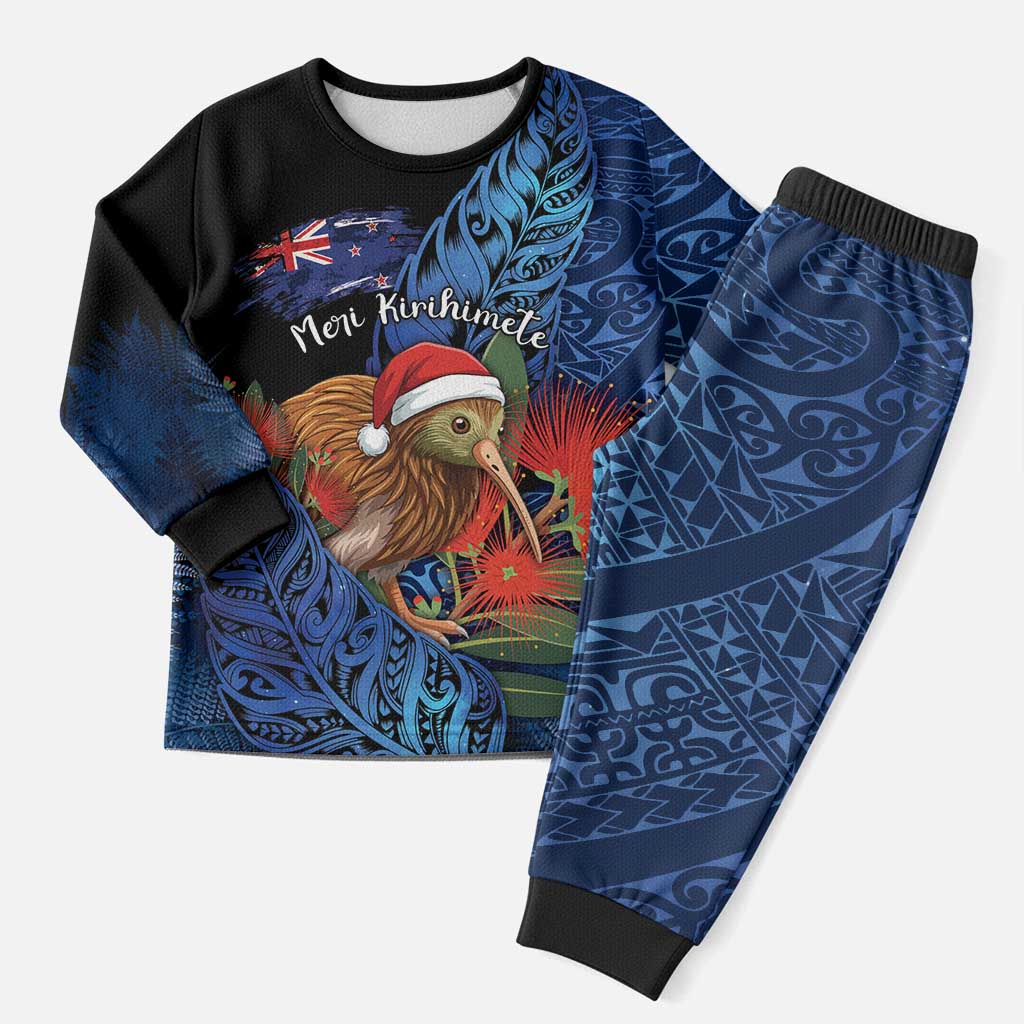 Personalised New Zealand Christmas Pajama Set Santa Kiwi Bird With Pohutukawa Flowers DT05 Men Navy - Polynesian Pride