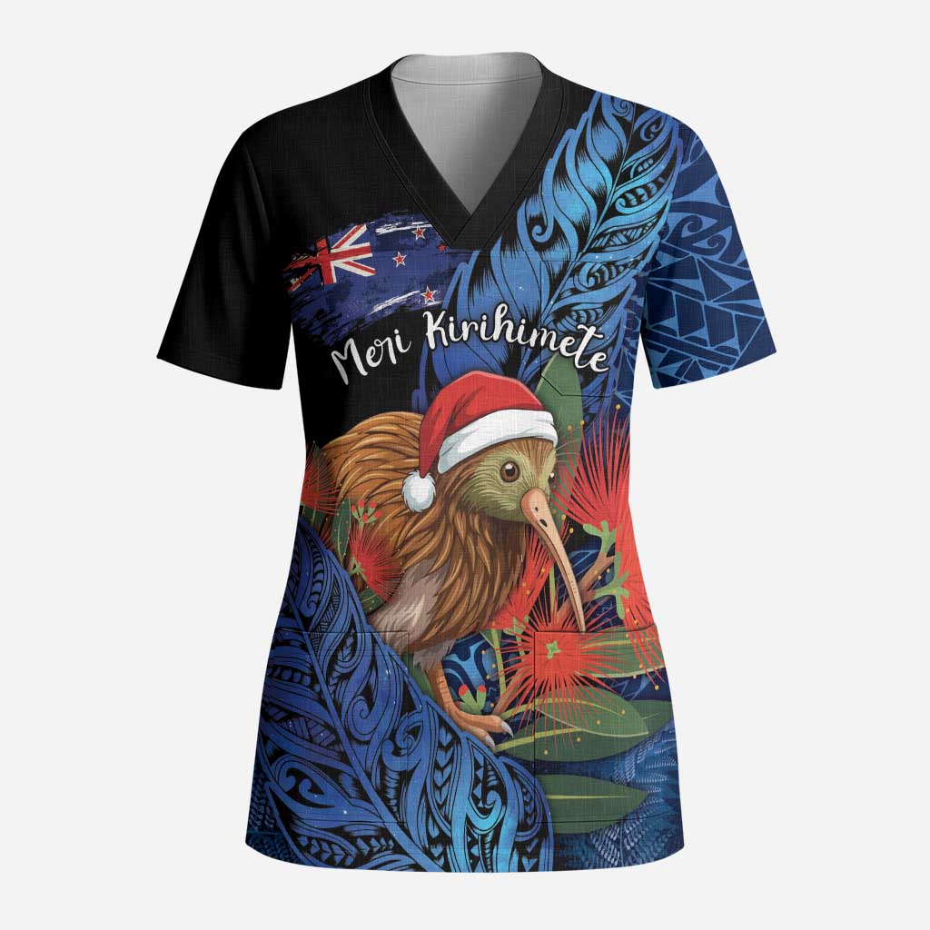 Personalised New Zealand Christmas Scrub Top Santa Kiwi Bird With Pohutukawa Flowers DT05 Adult Navy - Polynesian Pride
