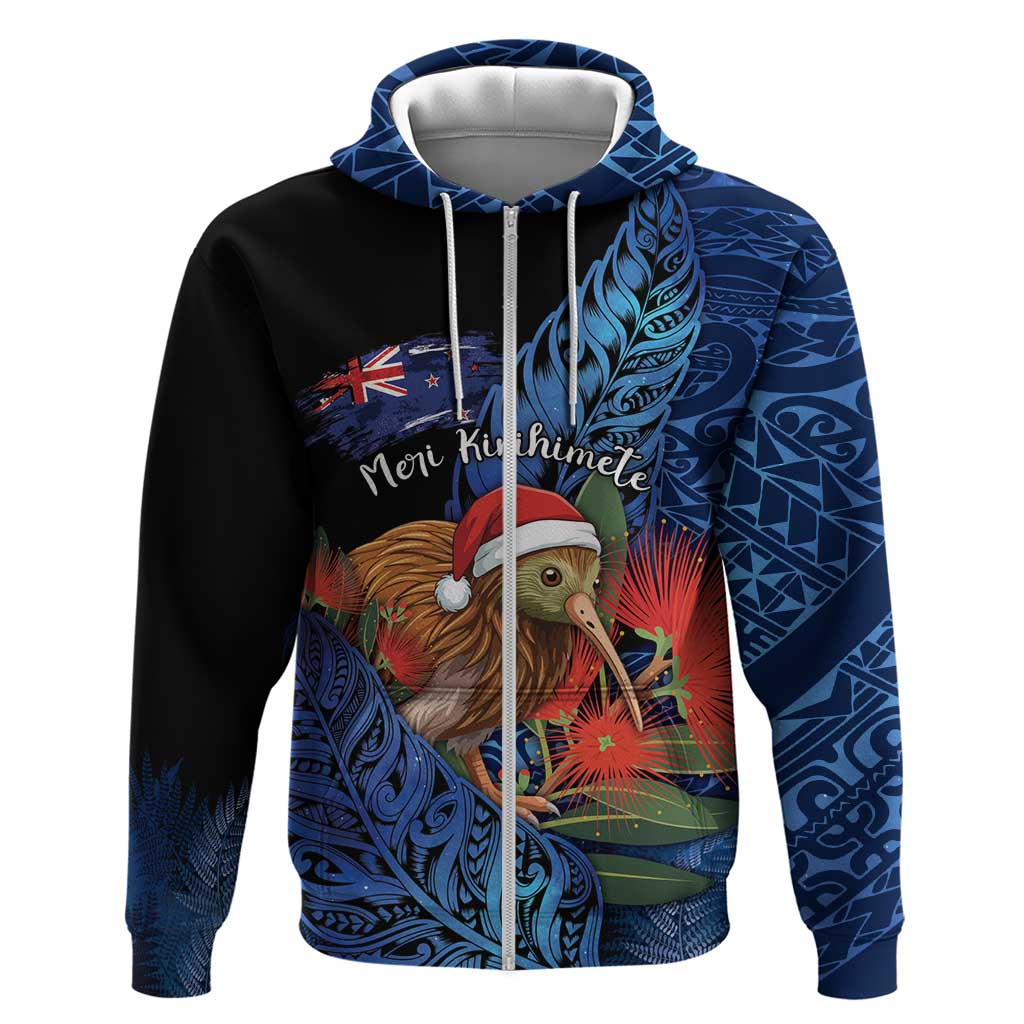 Personalised New Zealand Christmas Zip Hoodie Santa Kiwi Bird With Pohutukawa Flowers DT05 Zip Hoodie Navy - Polynesian Pride