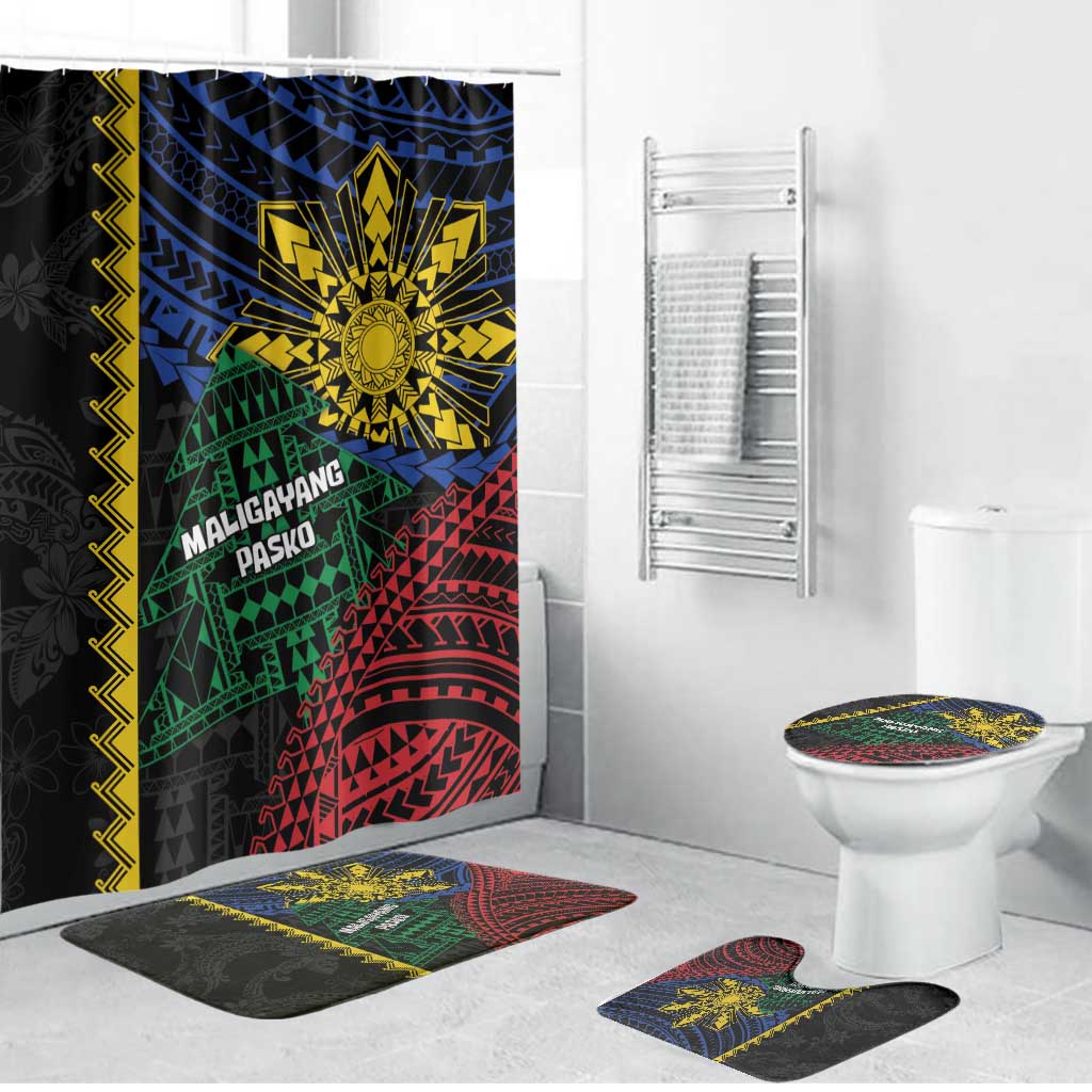 Philippines Christmas Bathroom Set Xmas Tree Filipino Tribal Patterns DT05 Bathroom Set (4 pcs) Black - Polynesian Pride