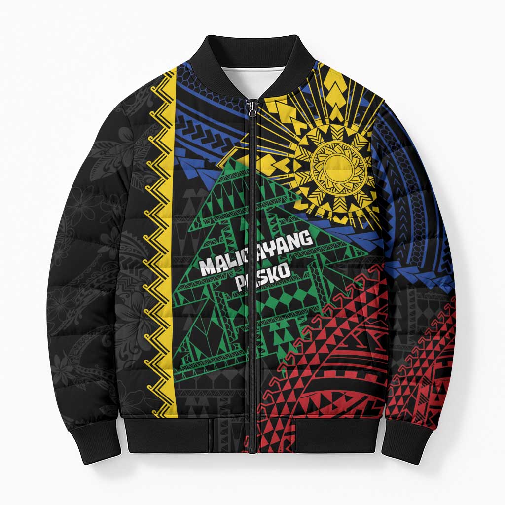 Personalised Philippines Christmas Bomber Puffer Jacket Xmas Tree Filipino Tribal Patterns DT05 Unisex Black - Polynesian Pride
