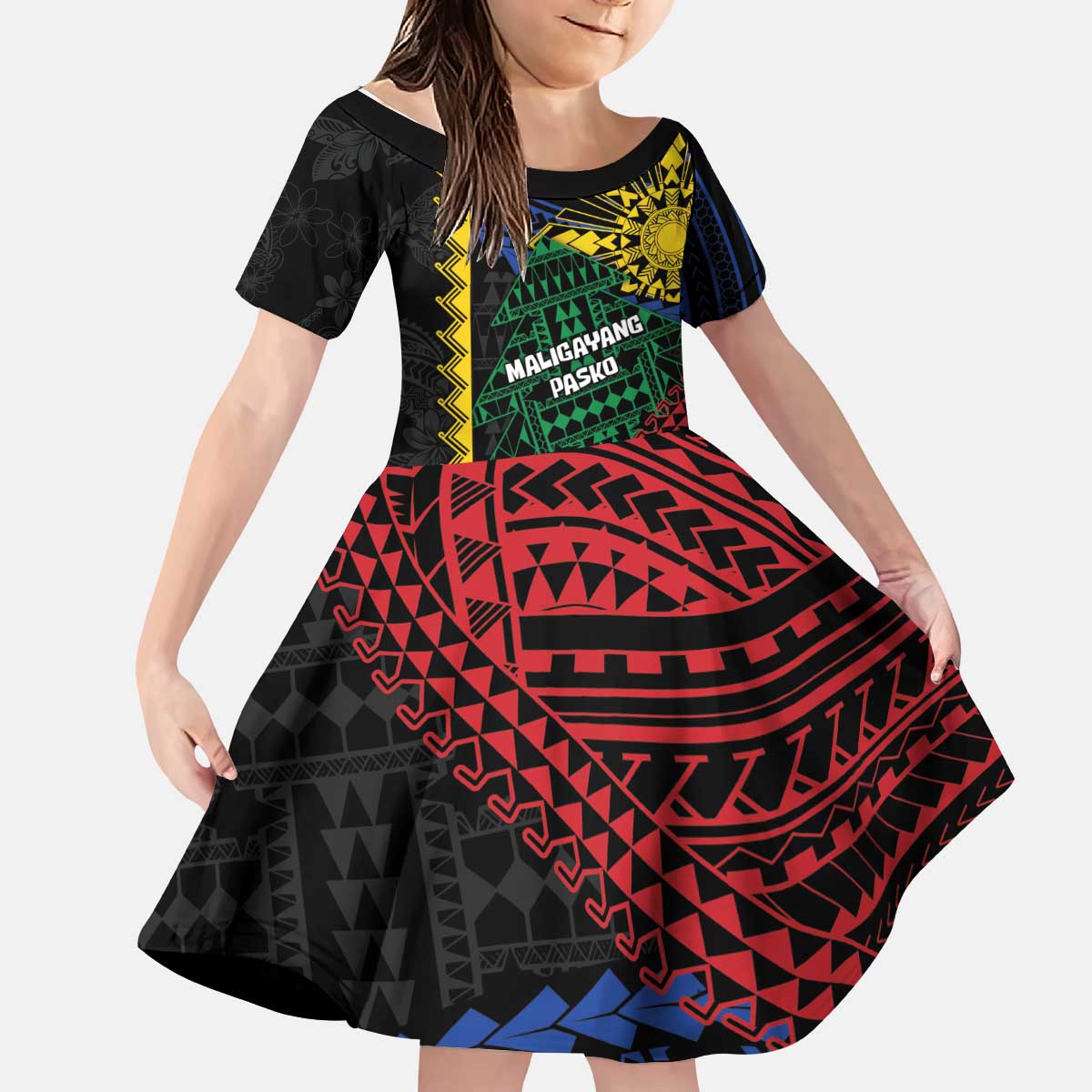 Personalised Philippines Christmas Kid Short Sleeve Dress Xmas Tree Filipino Tribal Patterns DT05 KID Black - Polynesian Pride