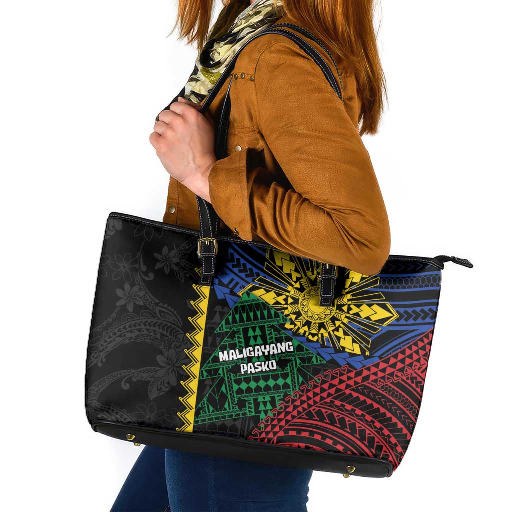 Philippines Christmas Leather Tote Bag Xmas Tree Filipino Tribal Patterns DT05 Black - Polynesian Pride