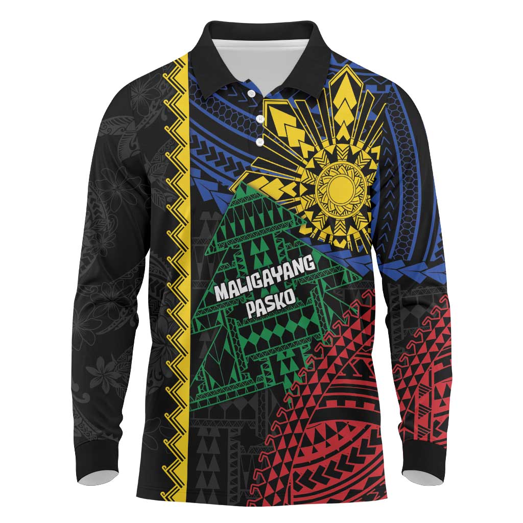 Personalised Philippines Christmas Long Sleeve Polo Shirt Xmas Tree Filipino Tribal Patterns DT05 Black - Polynesian Pride