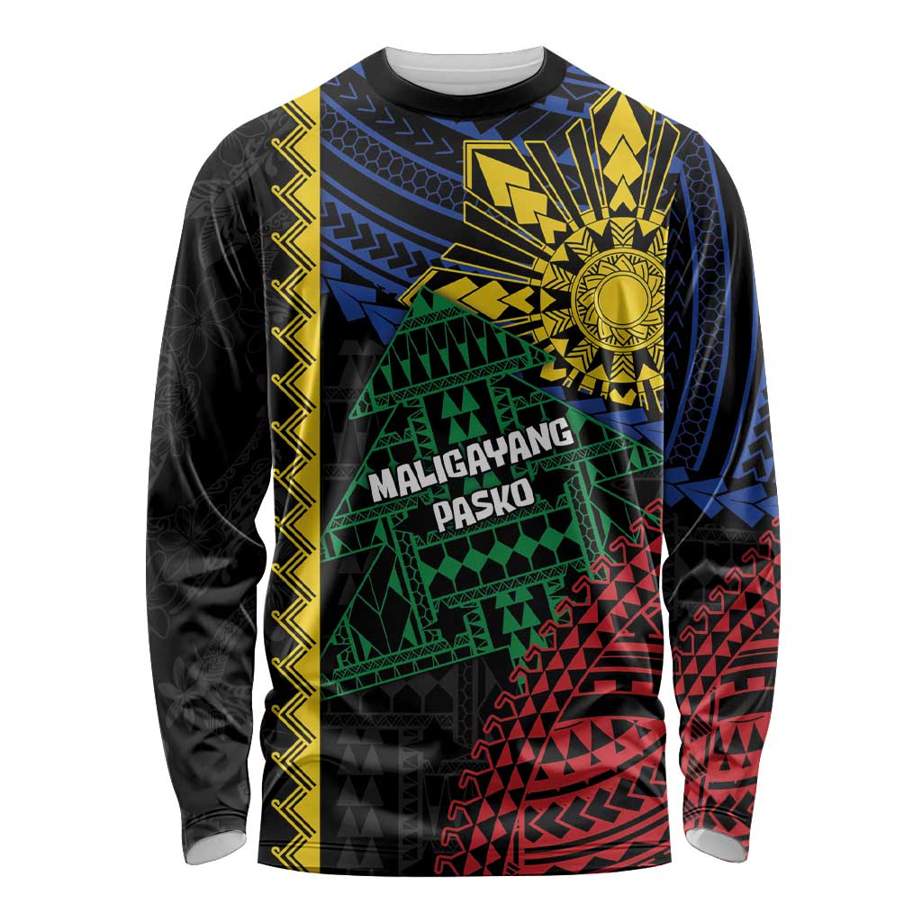 Personalised Philippines Christmas Long Sleeve Shirt Xmas Tree Filipino Tribal Patterns DT05 Unisex Black - Polynesian Pride