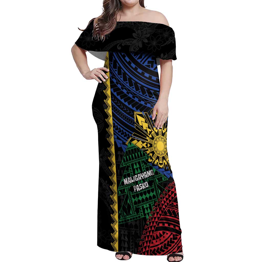 Personalised Philippines Christmas Off Shoulder Maxi Dress Xmas Tree Filipino Tribal Patterns DT05 Women Black - Polynesian Pride