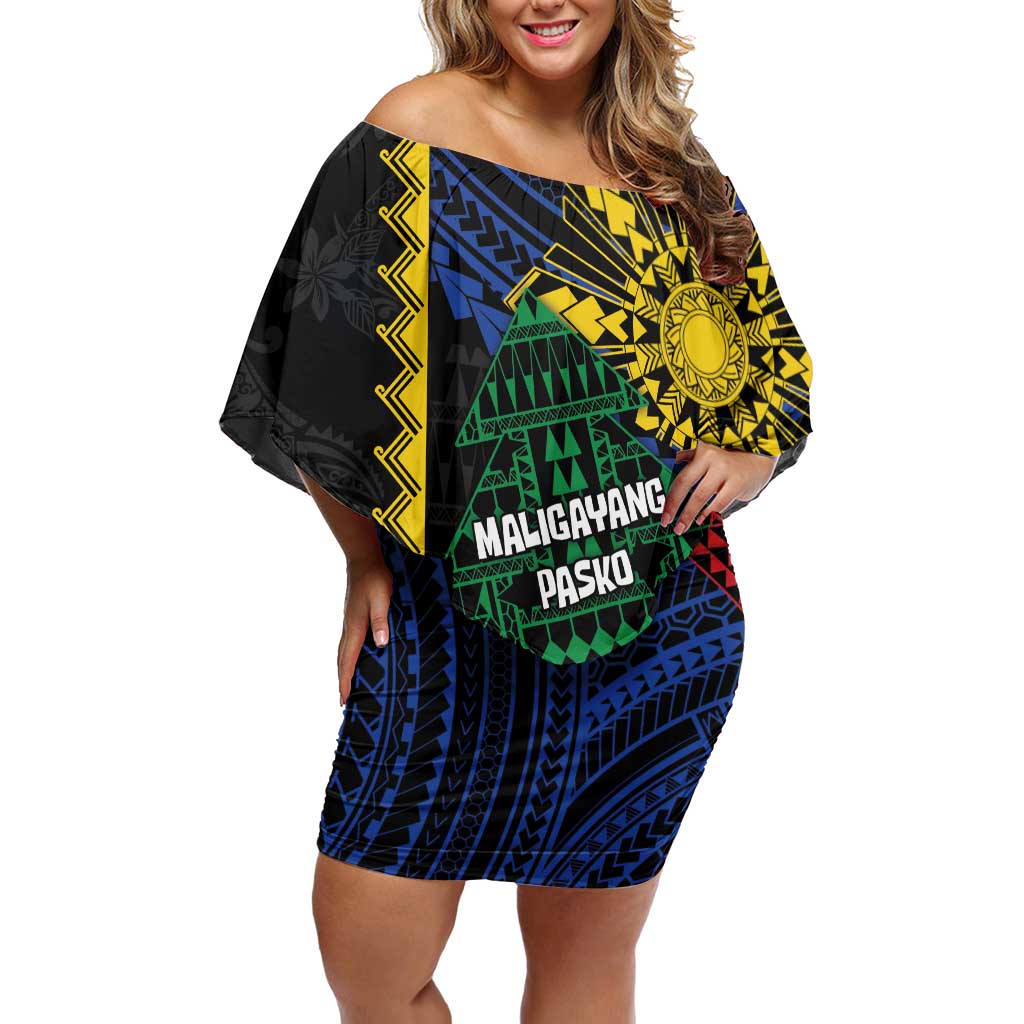 Personalised Philippines Christmas Off Shoulder Short Dress Xmas Tree Filipino Tribal Patterns DT05 Women Black - Polynesian Pride