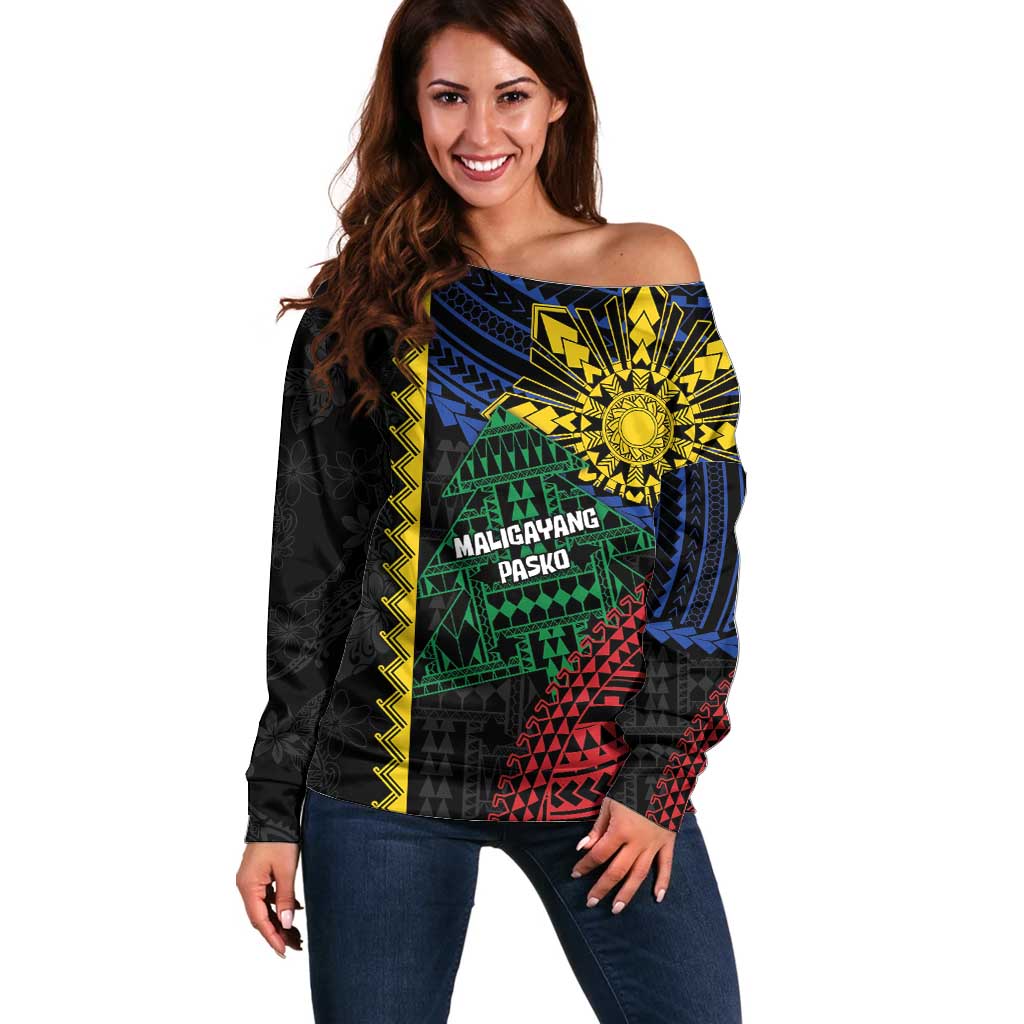 Personalised Philippines Christmas Off Shoulder Sweater Xmas Tree Filipino Tribal Patterns DT05 Women Black - Polynesian Pride