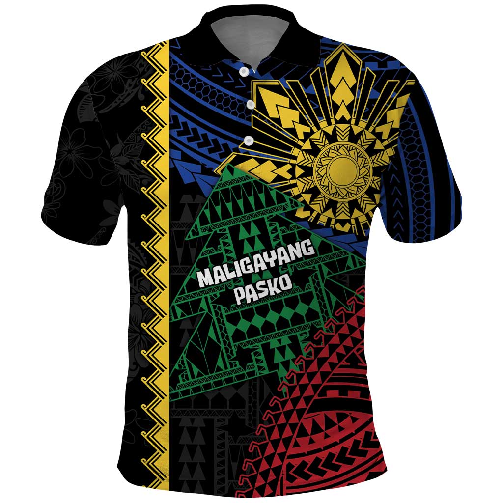 Personalised Philippines Christmas Polo Shirt Xmas Tree Filipino Tribal Patterns DT05 Black - Polynesian Pride