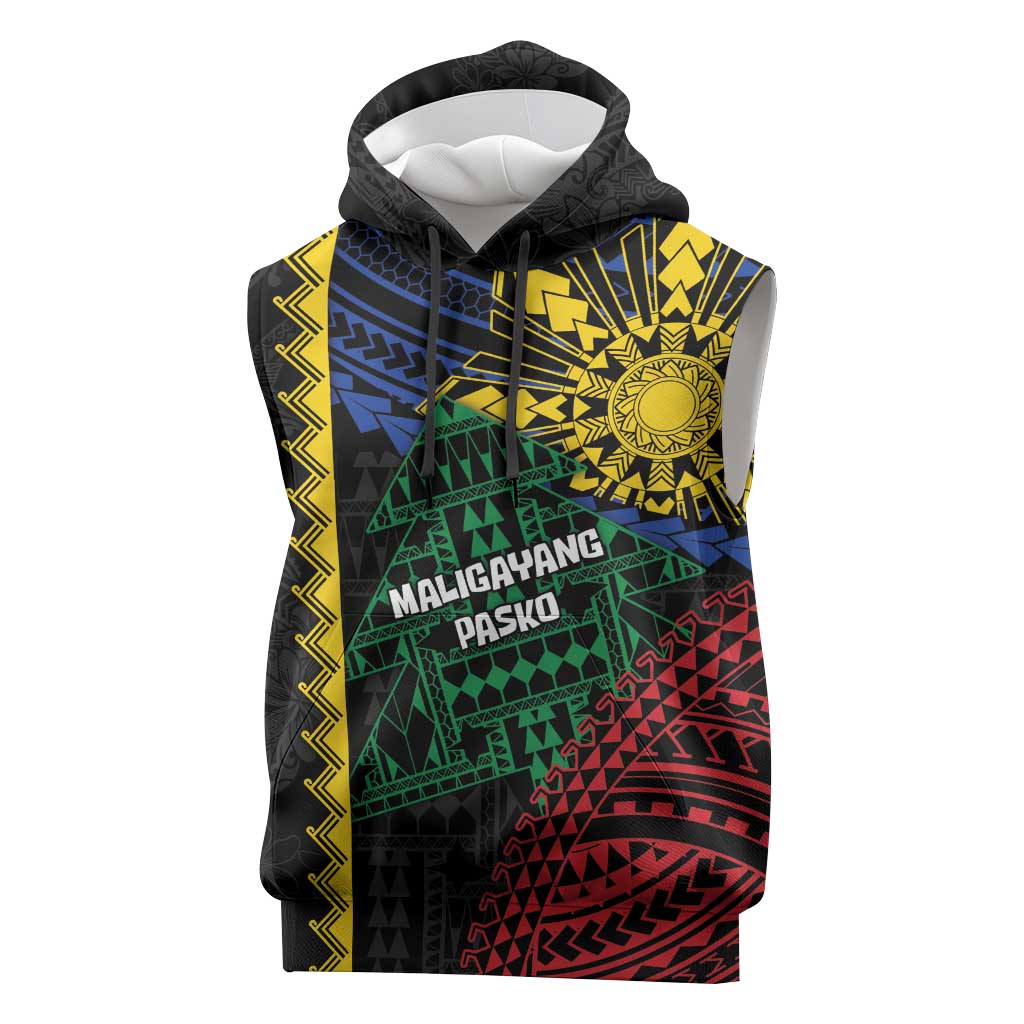 Personalised Philippines Christmas Sleeveless Hoodie Xmas Tree Filipino Tribal Patterns DT05 Black - Polynesian Pride