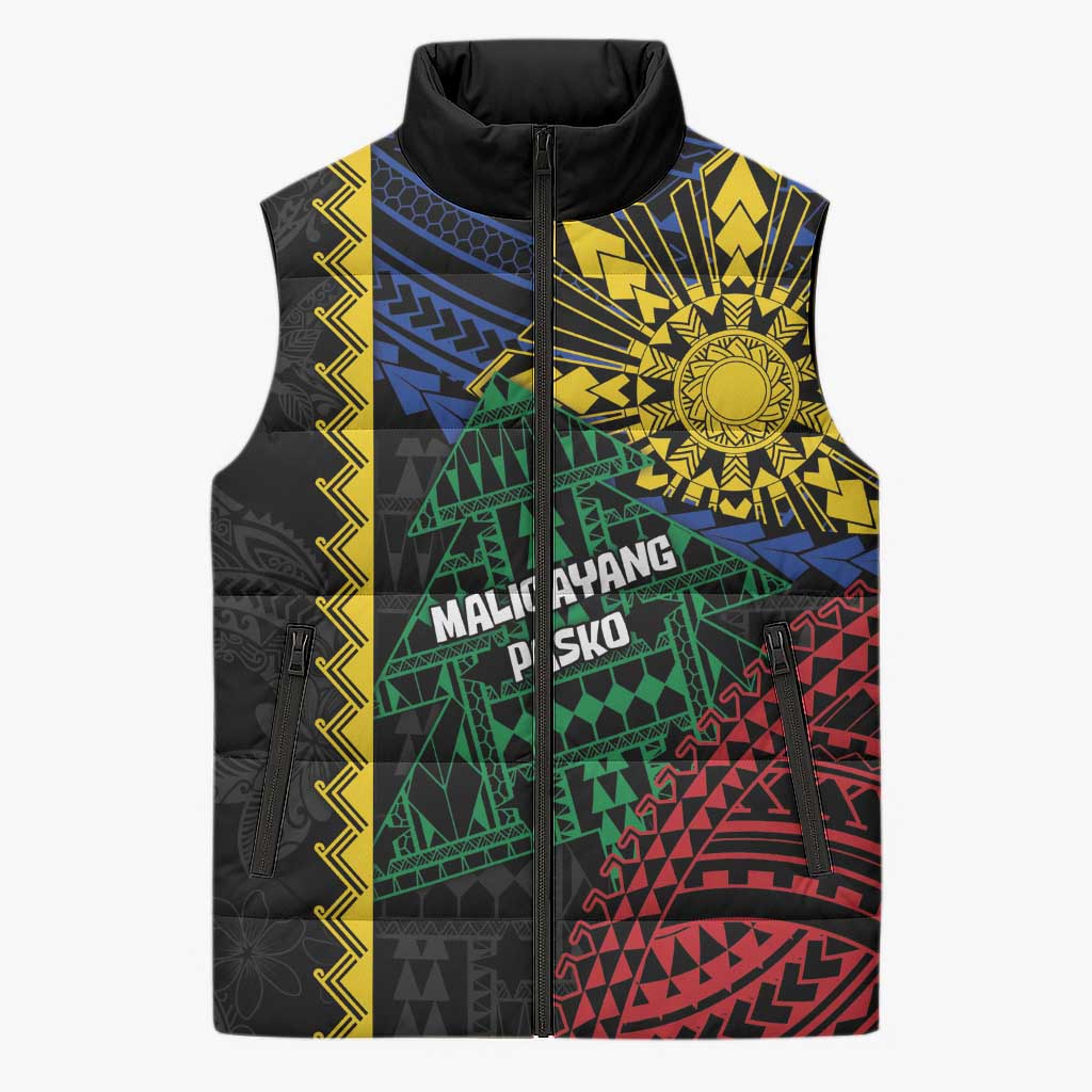 Personalised Philippines Christmas Sleeveless Puffer Jacket Xmas Tree Filipino Tribal Patterns DT05 Unisex Black - Polynesian Pride