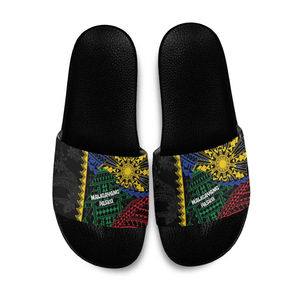 Philippines Christmas Slide Sandals Xmas Tree Filipino Tribal Patterns DT05 Black - Polynesian Pride