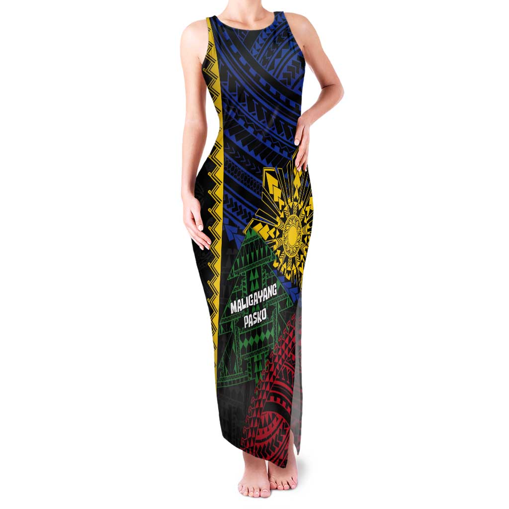 Personalised Philippines Christmas Tank Maxi Dress Xmas Tree Filipino Tribal Patterns DT05 Women Black - Polynesian Pride