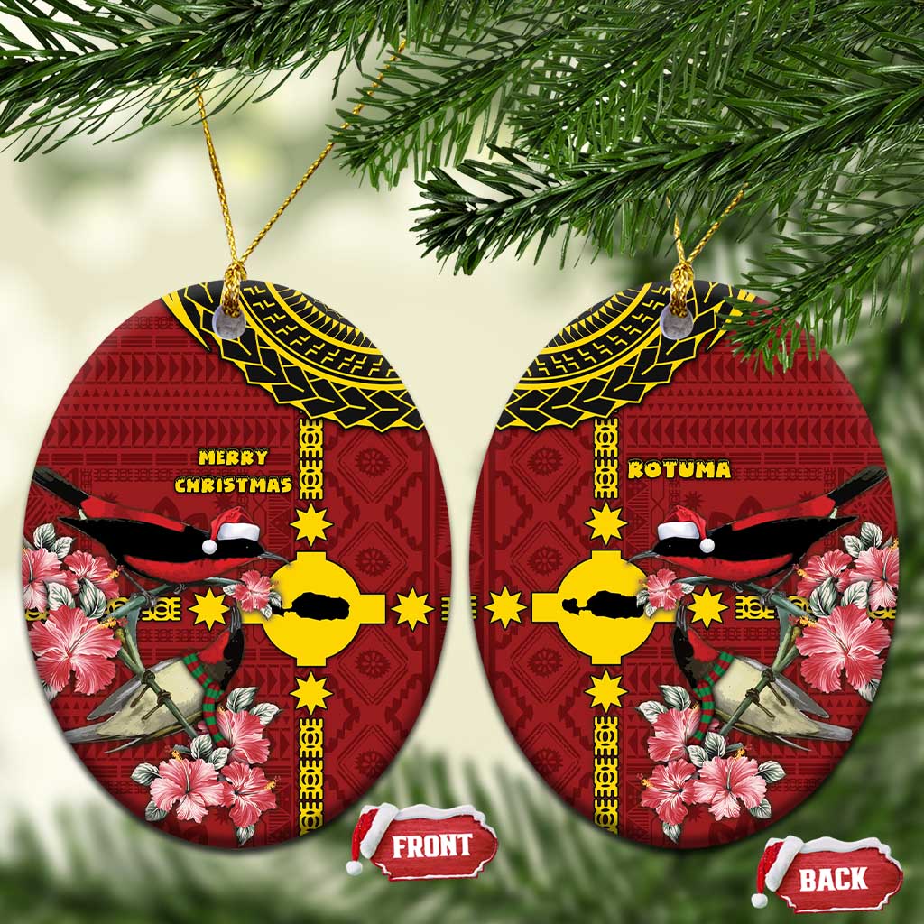 Rotuma Christmas Ceramic Ornament Rotuma Myzomela Birds With Hibiscus Flowers DT05 Oval Red - Polynesian Pride