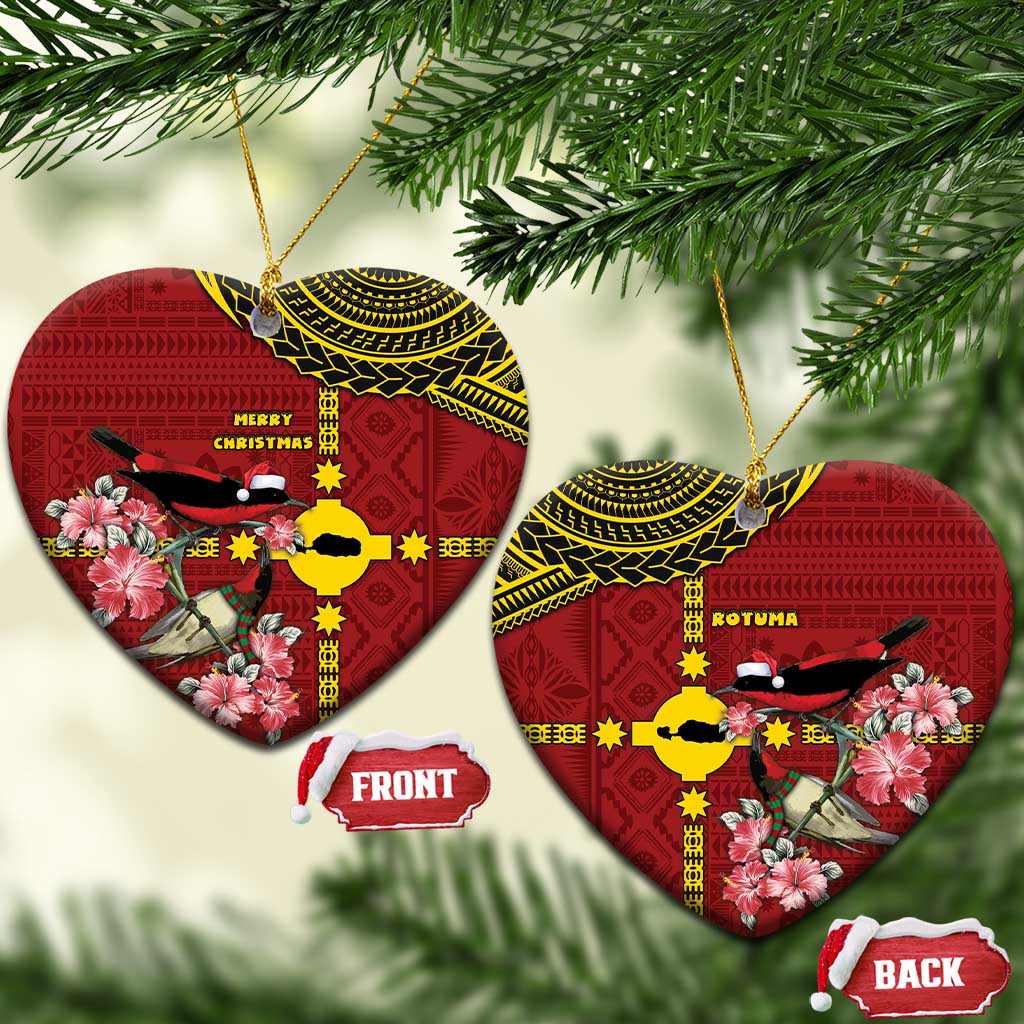 Rotuma Christmas Ceramic Ornament Rotuma Myzomela Birds With Hibiscus Flowers DT05 Heart Red - Polynesian Pride