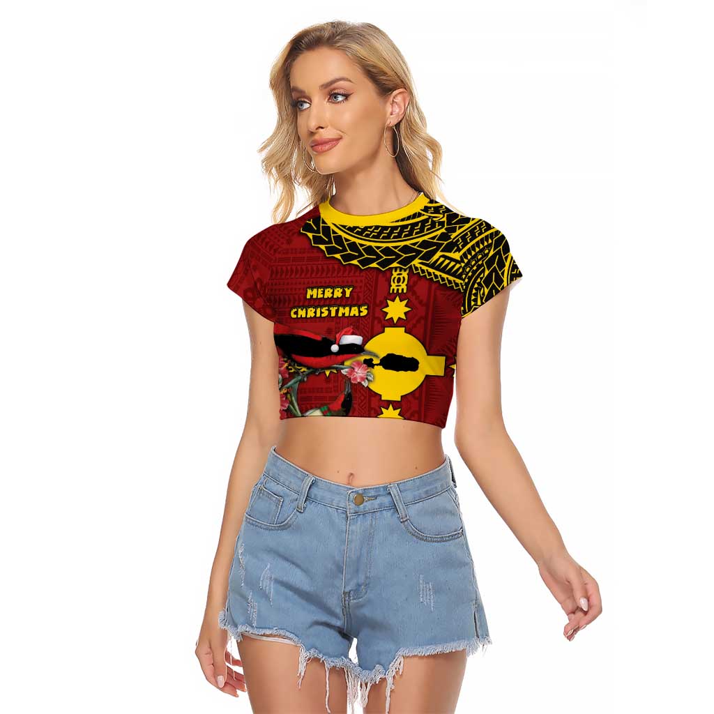 Rotuma Christmas Raglan Cropped T Shirt Rotuma Myzomela Birds With Hibiscus Flowers DT05 Female Red - Polynesian Pride