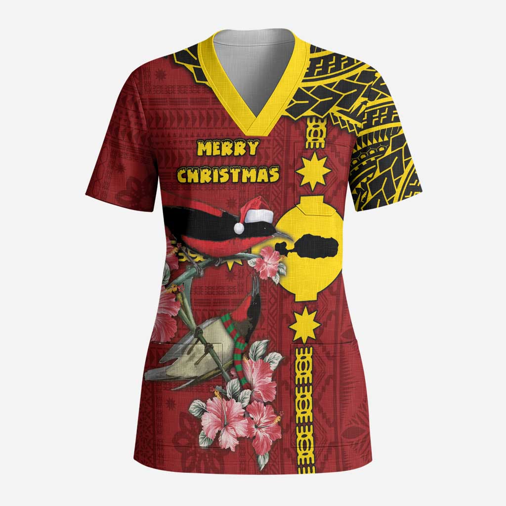 Rotuma Christmas Scrub Top Rotuma Myzomela Birds With Hibiscus Flowers DT05 Adult Red - Polynesian Pride