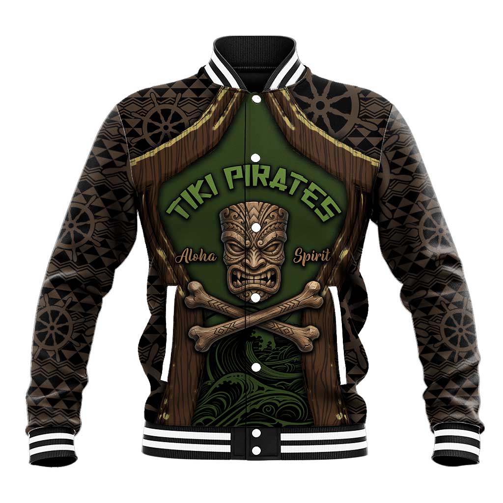 Personalised Hawaii Tiki Pirates Baseball Jacket Kakau Pattern Polynesian Style DT05 Unisex Green - Polynesian Pride