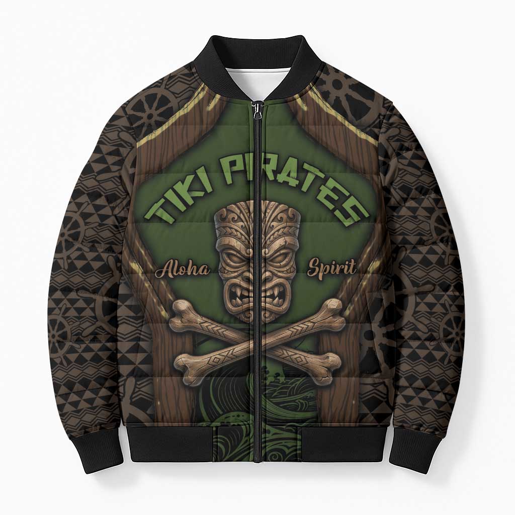 Personalised Hawaii Tiki Pirates Bomber Puffer Jacket Kakau Pattern Polynesian Style DT05 Unisex Green - Polynesian Pride