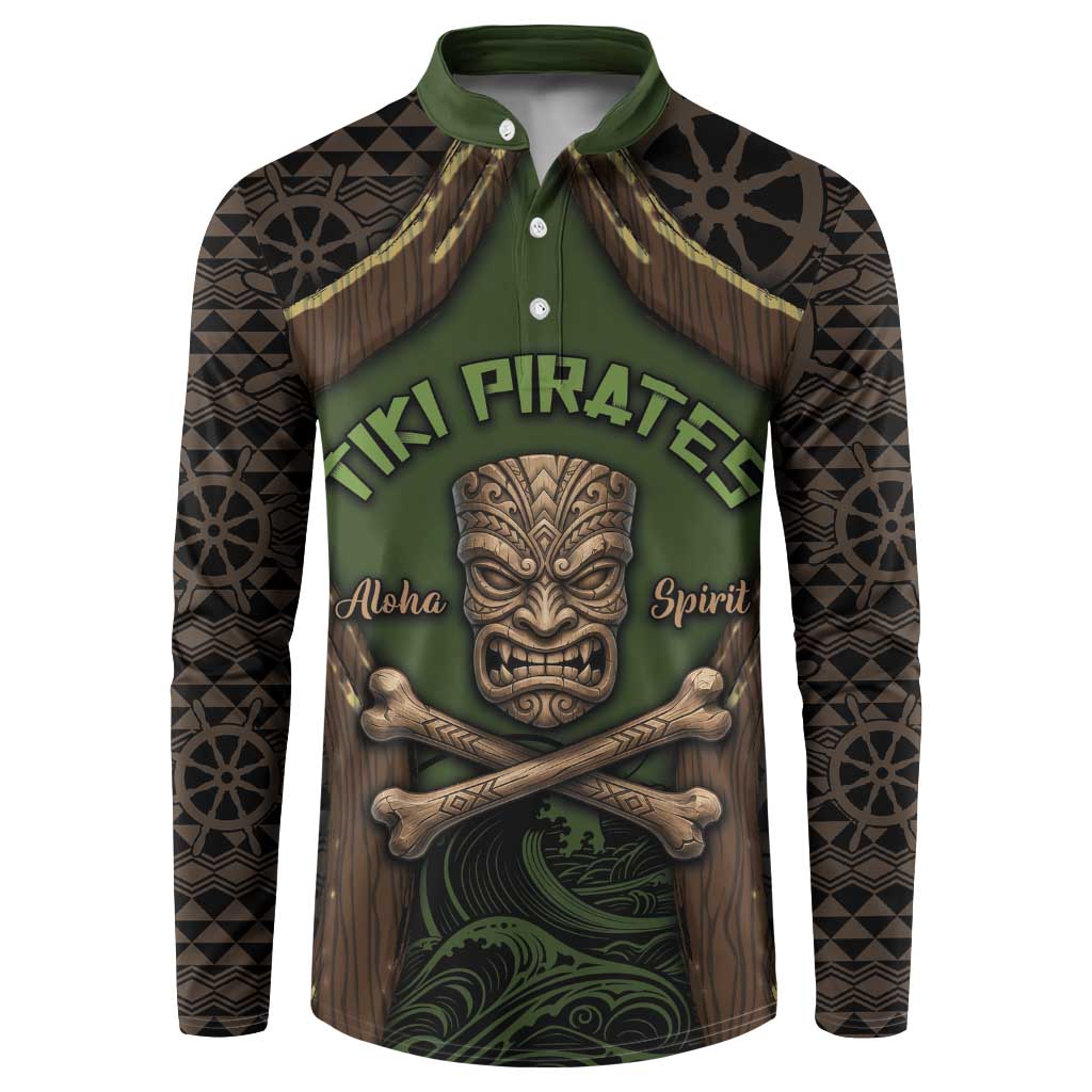 Personalised Hawaii Tiki Pirates Button Sweatshirt Kakau Pattern Polynesian Style DT05 Green - Polynesian Pride
