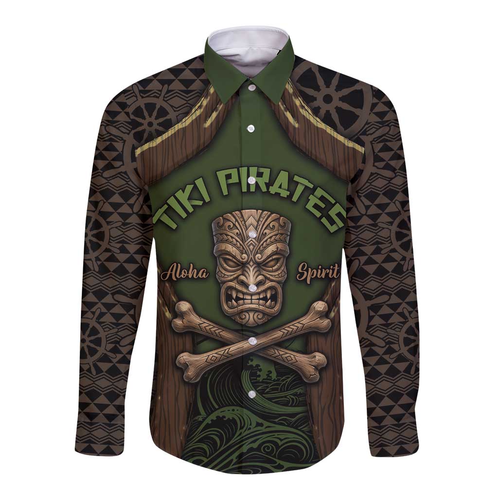 Personalised Hawaii Tiki Pirates Long Sleeve Button Shirt Kakau Pattern Polynesian Style DT05 Unisex Green - Polynesian Pride