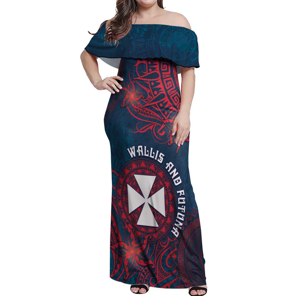 Personalised Wallis And Futuna Off Shoulder Maxi Dress Hibiscus Polynesian Tribal Pattern DT05 Women Navy - Polynesian Pride
