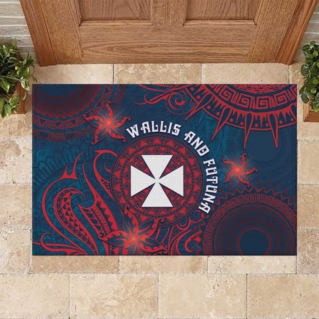Wallis And Futuna Rubber Doormat Hibiscus Polynesian Tribal Pattern DT05 Navy - Polynesian Pride