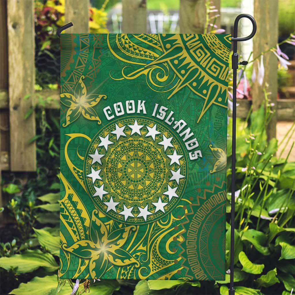 Cook Islands Garden Flag Hibiscus Polynesian Tribal Pattern DT05 Garden Flag Green - Polynesian Pride